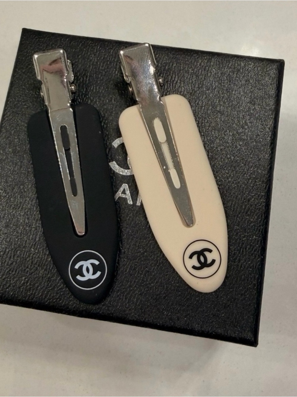 CHANEL Black and Cream Logo Hair Clip Set - Designer Double Pack